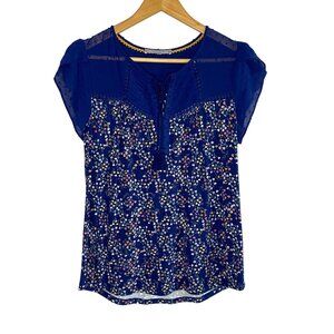 Daniel Rainn Blue Floral Print Tulip Cap Sleeve Blouse